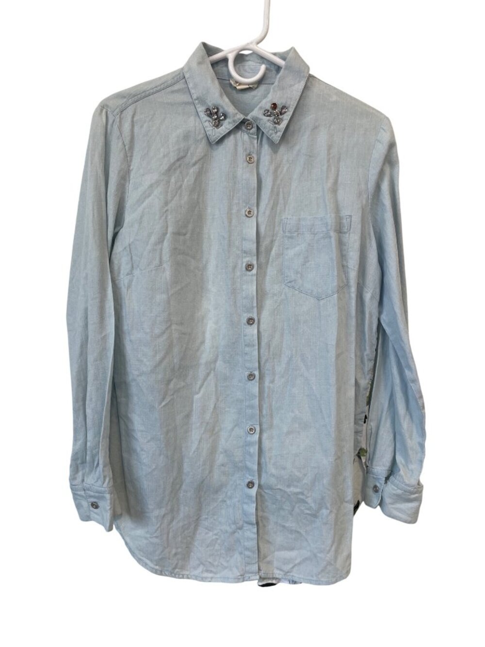 Tribal Jeans Shirt Medium Button Front Floral Mixed Media Long Sleeve Light Blue